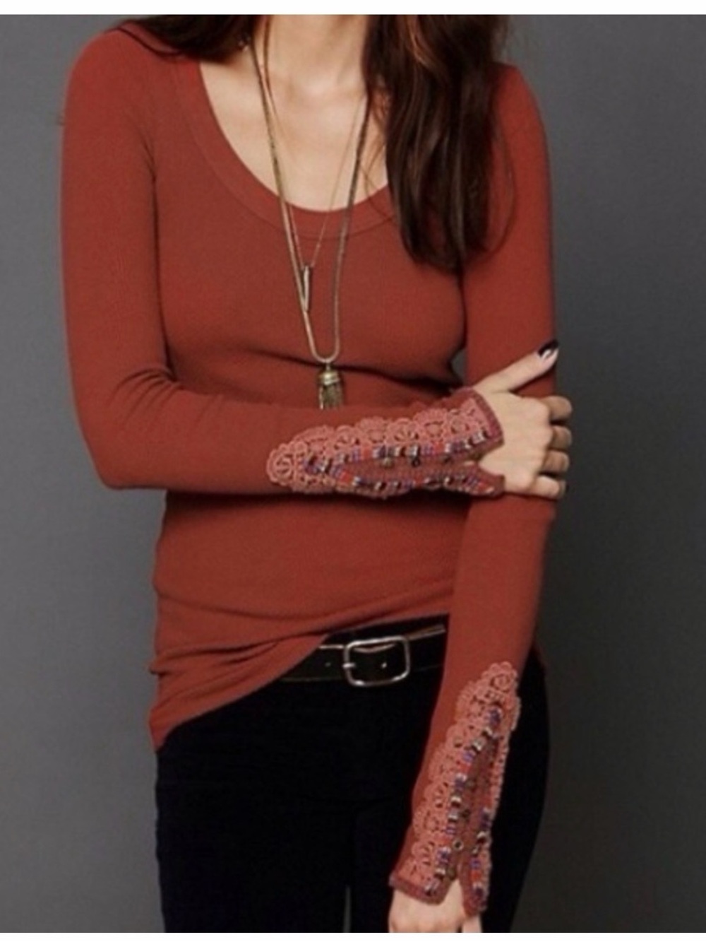 Free People burnt orange Top with Lace cuffs - Picture 3 of 5